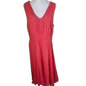 Mlle Gabrielle Coral Cotton Sleeveless V-Neck Stretch Smocked Waist Dress 1X